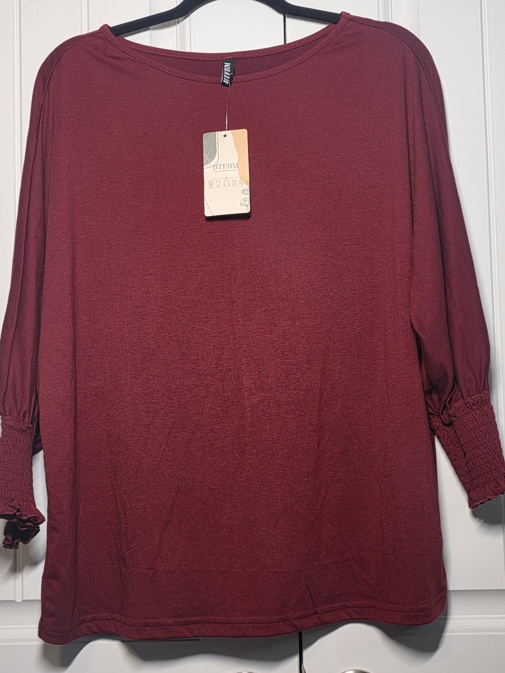🆕 NWT BTFBM Burgundy Waffle Knit Top Smocked Cuffs Long Sleeve Size L